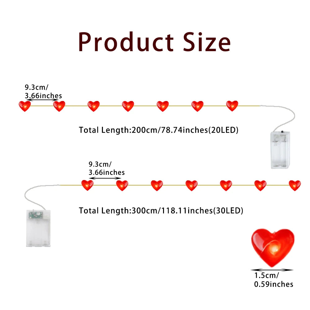 Red heart-shaped string lights with 20/30 LED bulbs, perfect for Valentine's Day, Christmas, or romantic decor.