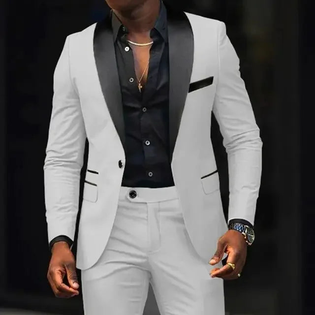 Men's slim fit cotton suit by Showlu Fashion with shawl lapel blazer and matching trousers, stylish formal wear for men.