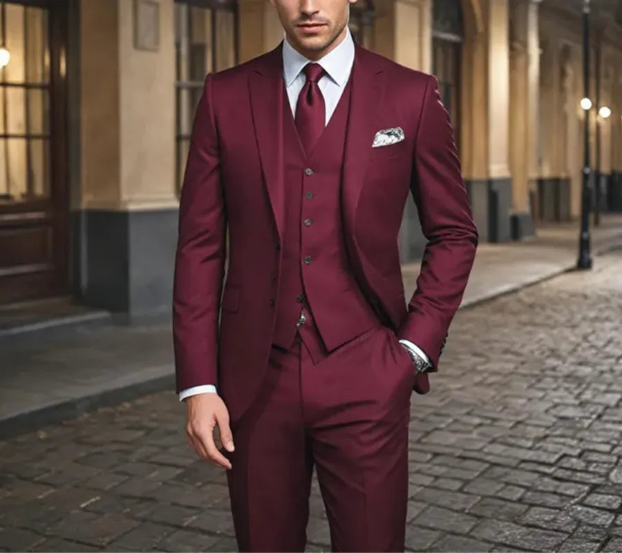 Maroon men's 3-piece slim-fit suit by SHOWLU FASHION STORE, wool blend formal tuxedo with jacket, vest, and trousers.
