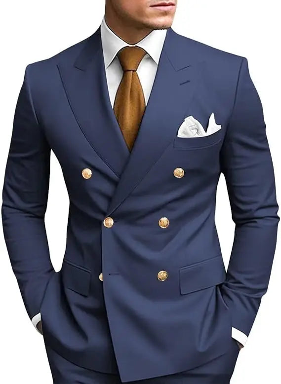 SHOWLU men's double-breasted slim fit wool blend formal suit jacket with notch lapels and tailored fit, displayed on a hanger.