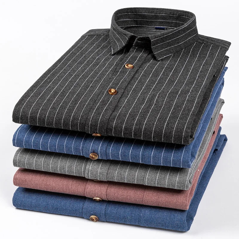 Plus size 7XL men's long sleeve cotton plaid shirt with slim fit, soft fabric, suitable for formal or casual office wear.