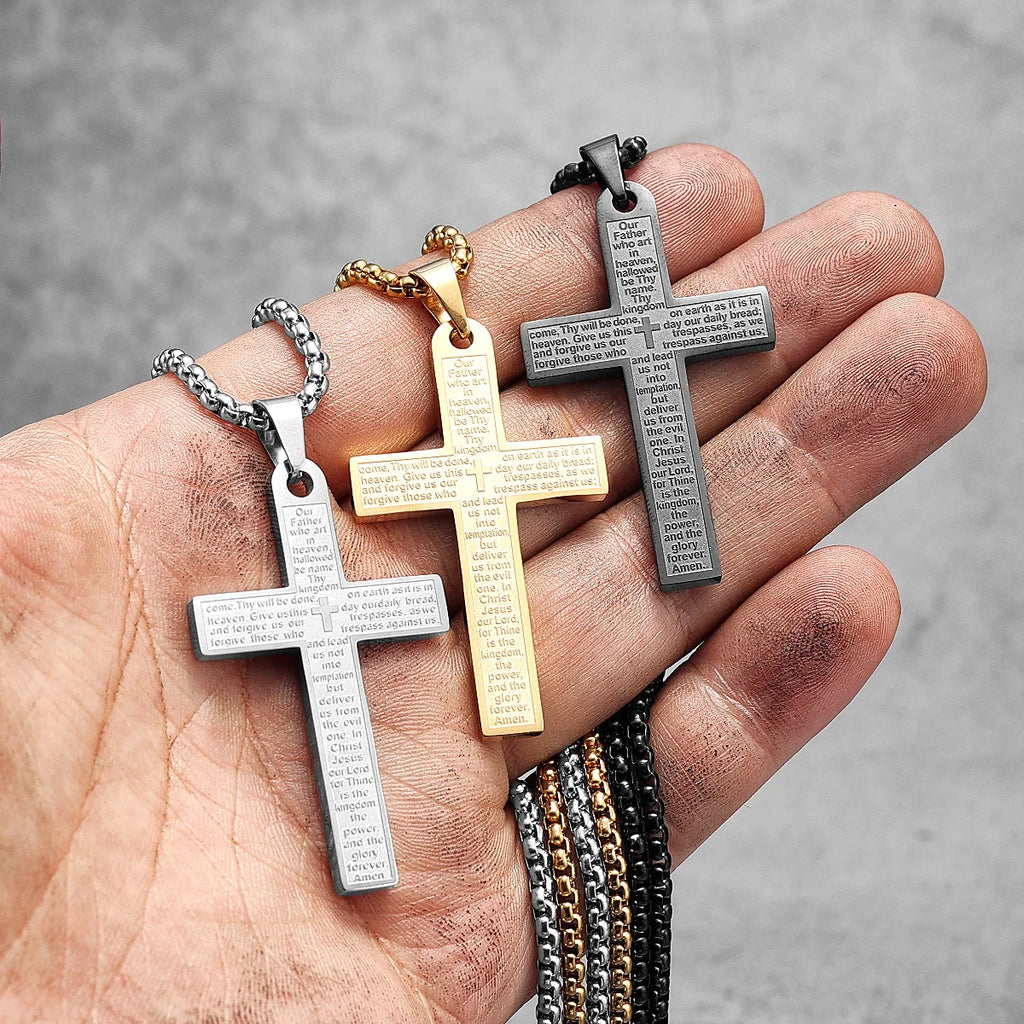 Stainless steel cross pendant necklace with punk style, featuring a metal cross design for religious and alternative fashion.
