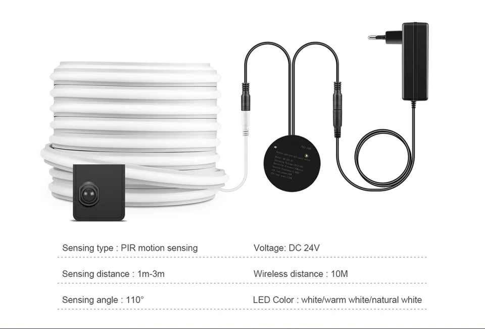 Showlu Smart COB Motion Sensor LED Strip Light Kit with flexible LED strip, motion sensor, and connectors for smart home lighting.