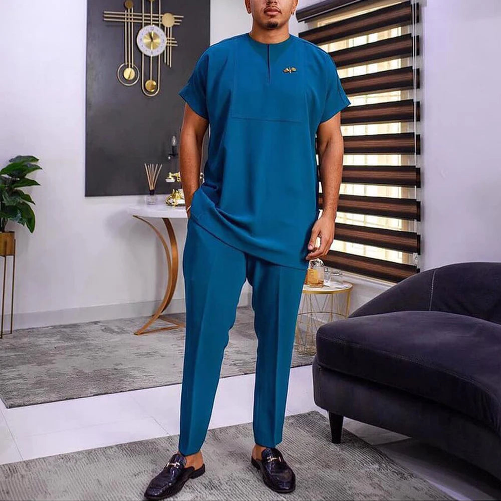 New In African Summer Business Men's Short Sleeve Suit Embroidery Dashiki Shirt Pants Sets 2 Pieces Outfits Wedding Party 2025