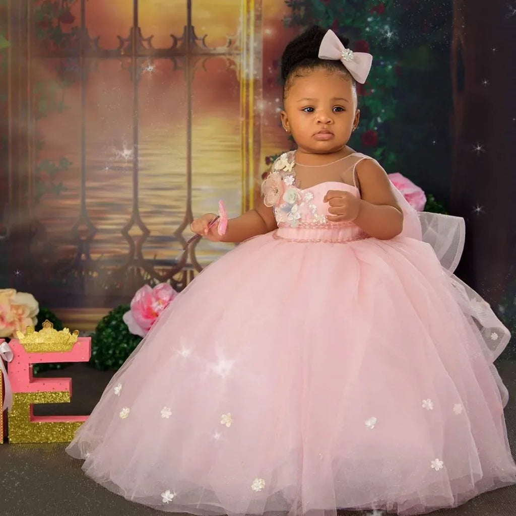 Pink Flower Girl Dresses for Wedding 3D Floral Sleeveless Girl Birthday Party  Princess Formal First Communion Gown Customized