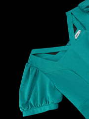 2024 New fashion comfortable puffed sleeve lake-green dress Commuter party bow high-waisted dress