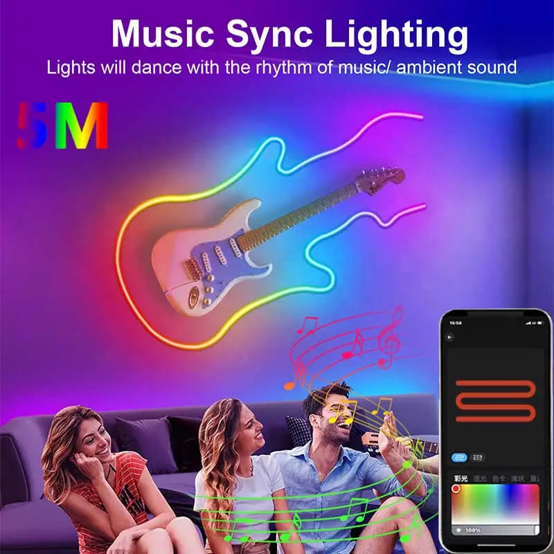 Showlu Smart RGBIC Neon LED strip light with Bluetooth app control, 5V flexible LED light strip for vibrant color lighting.
