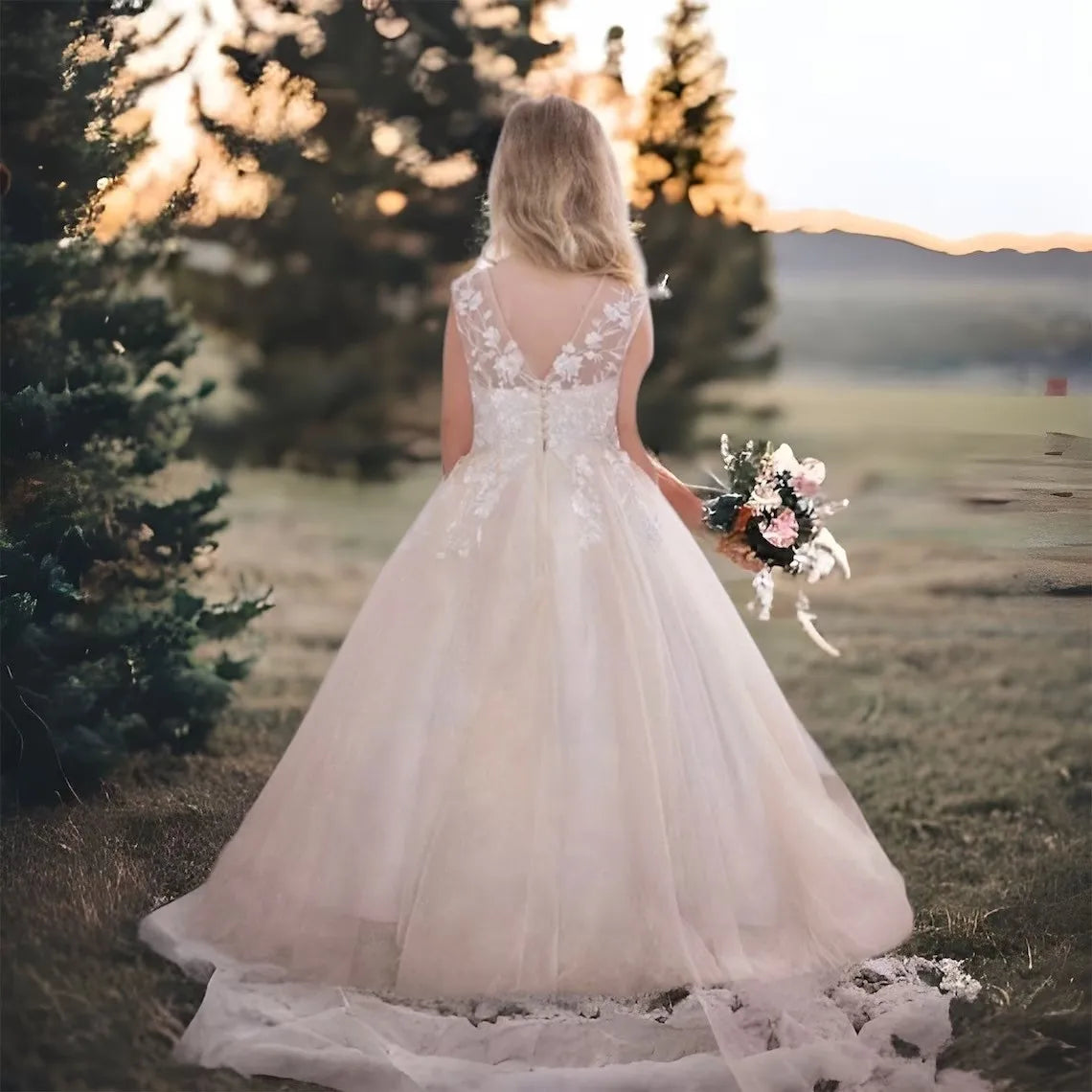 Lace flower girl dress by Showlu Fashion Store featuring floral tulle ball gown for weddings, with delicate lace details and a full skirt.