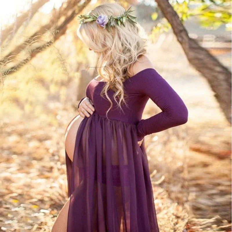 Showlu Fashion maternity summer long strapless maxi dress for pregnancy photoshoots, designed for elegant maternity photography.