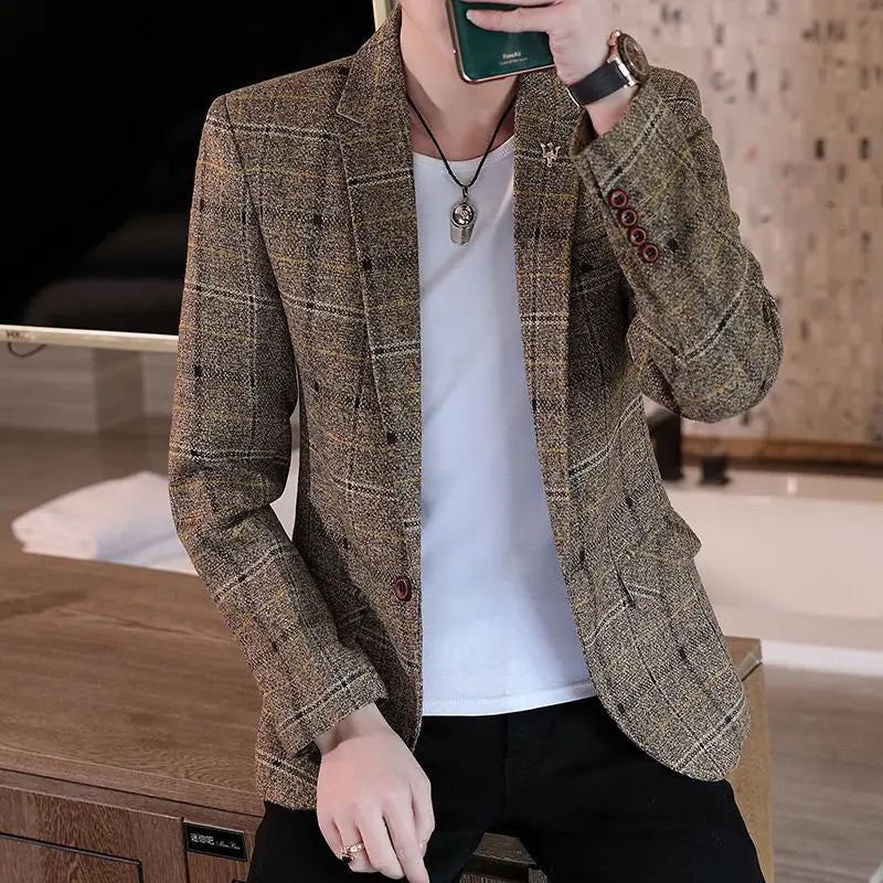 Men's slim fit striped plaid blazer by SHOWLU FASHION STORE, casual Korean style jacket with tailored fit and stylish pattern.