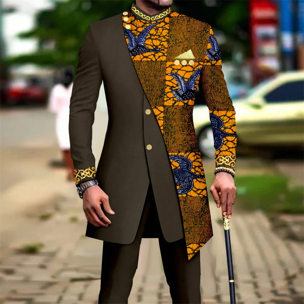 Men's African embroidery print suit from Showlu Fashion, 2-piece wedding set with intricate embroidery and traditional design.
