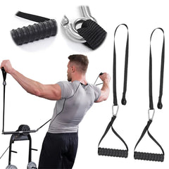 A man uses a gym cable attachment with textured handles and nylon straps for strength training.