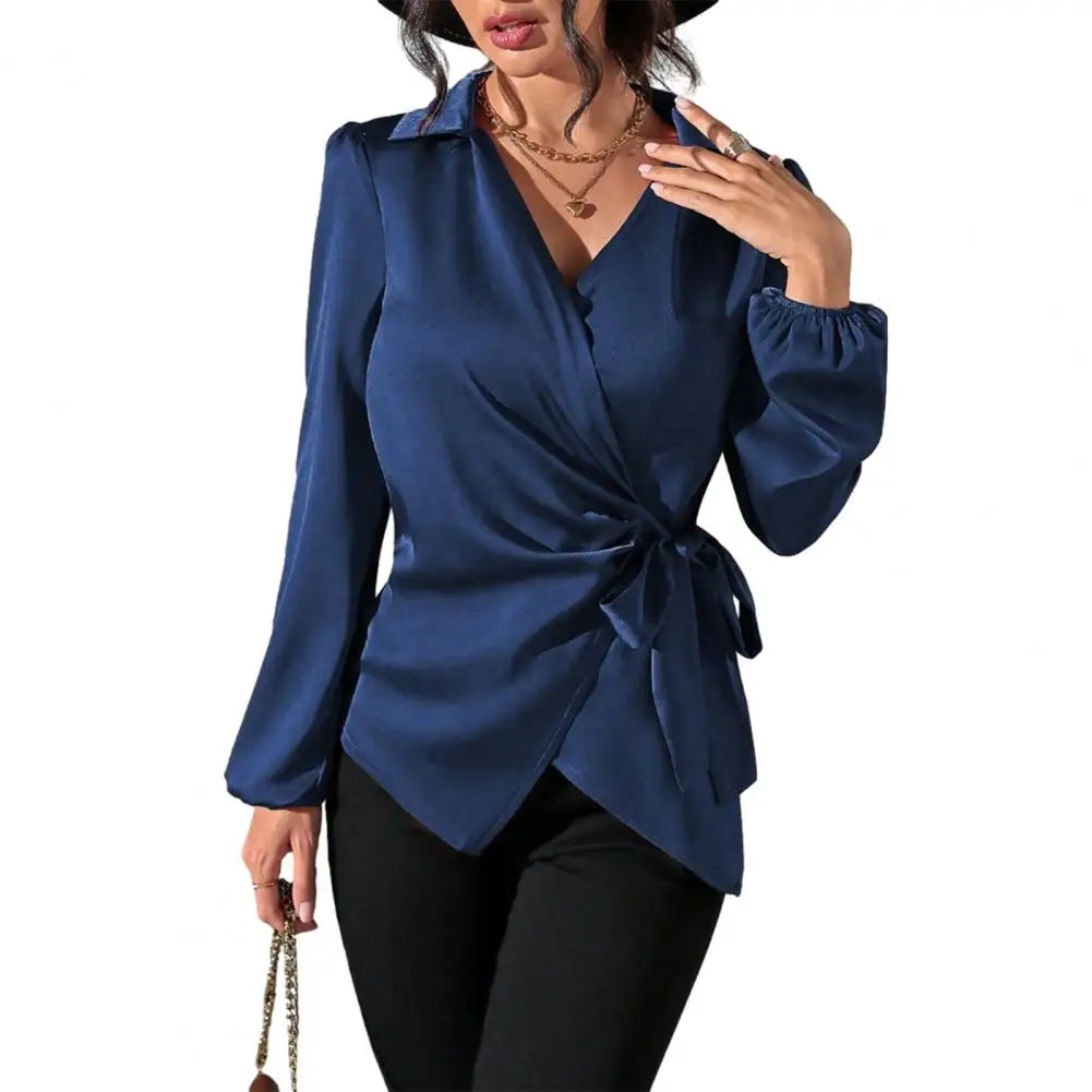 Elegant Showlu Women's long sleeve waist blouse with side lace-up design, perfect for stylish and sophisticated outfits.