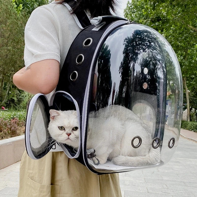 Transparent Showlu Space Capsule Pet Backpack for cats, breathable design with clear viewing panel and comfortable straps.