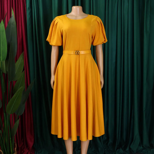 Fashion Office Dresses for Women O Neck Short Sleeve Belt Waisted Pleated A Line Mid Calf African Business Work Dress Midi Cloth