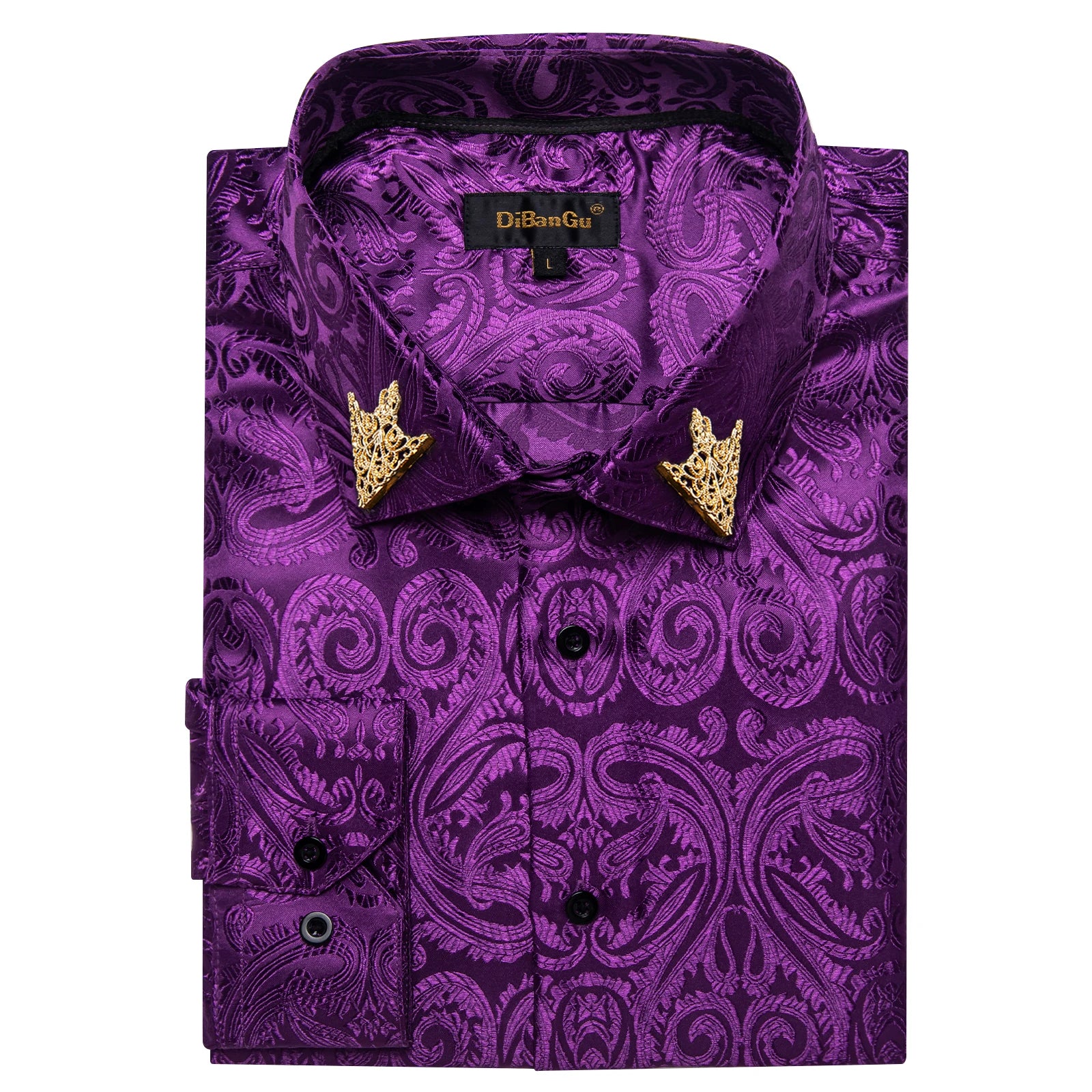 Men's patterned brocade shirt with gold crown collar accents, ideal for luxury galas and formal weddings, by Showlu Fashion.