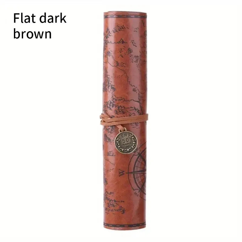 Large Showlu Retro Treasure Map Leather Roll Pencil Case with vintage design, featuring multiple compartments for stationery storage.