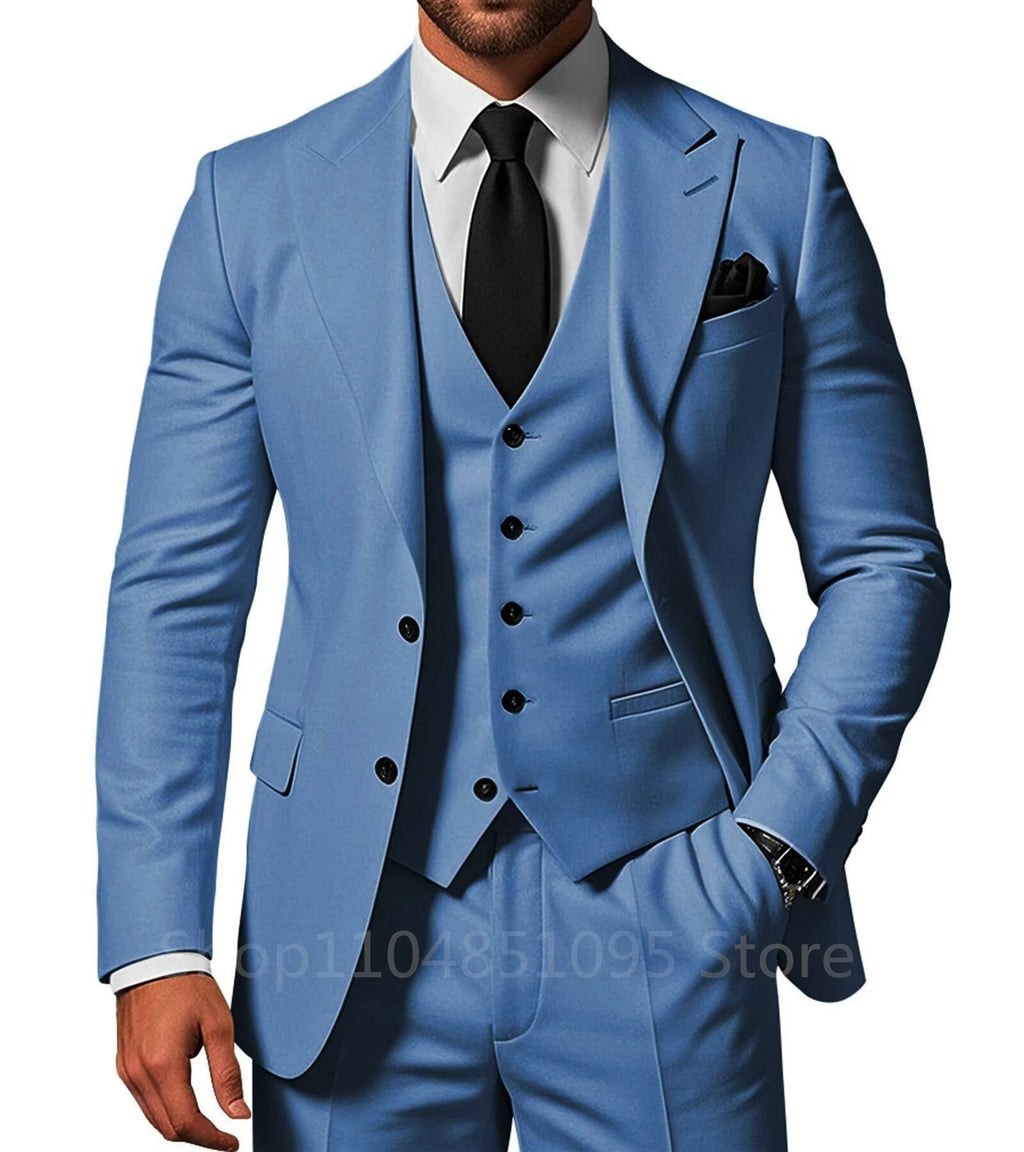 Three-piece solid wedding tuxedo for men featuring a peak lapel jacket, matching pants, and vest, ideal for formal events and prom.