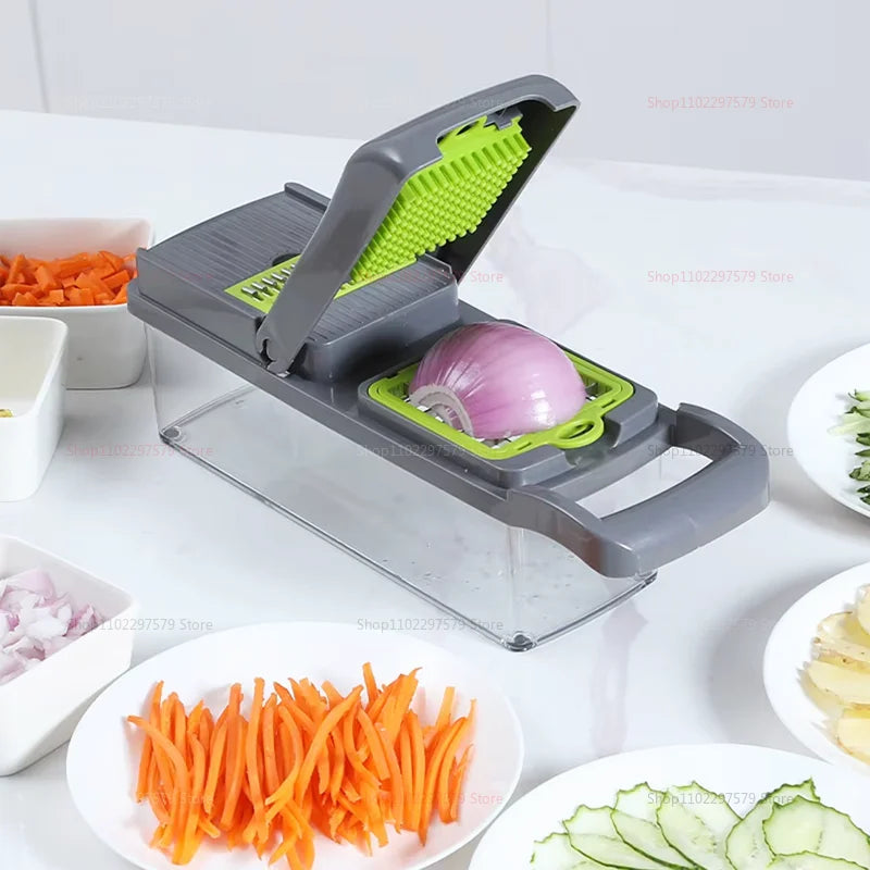 Showlu Smart stainless steel multi-functional kitchen chopper with grater attachment, ideal for chopping vegetables and shredding cheese.