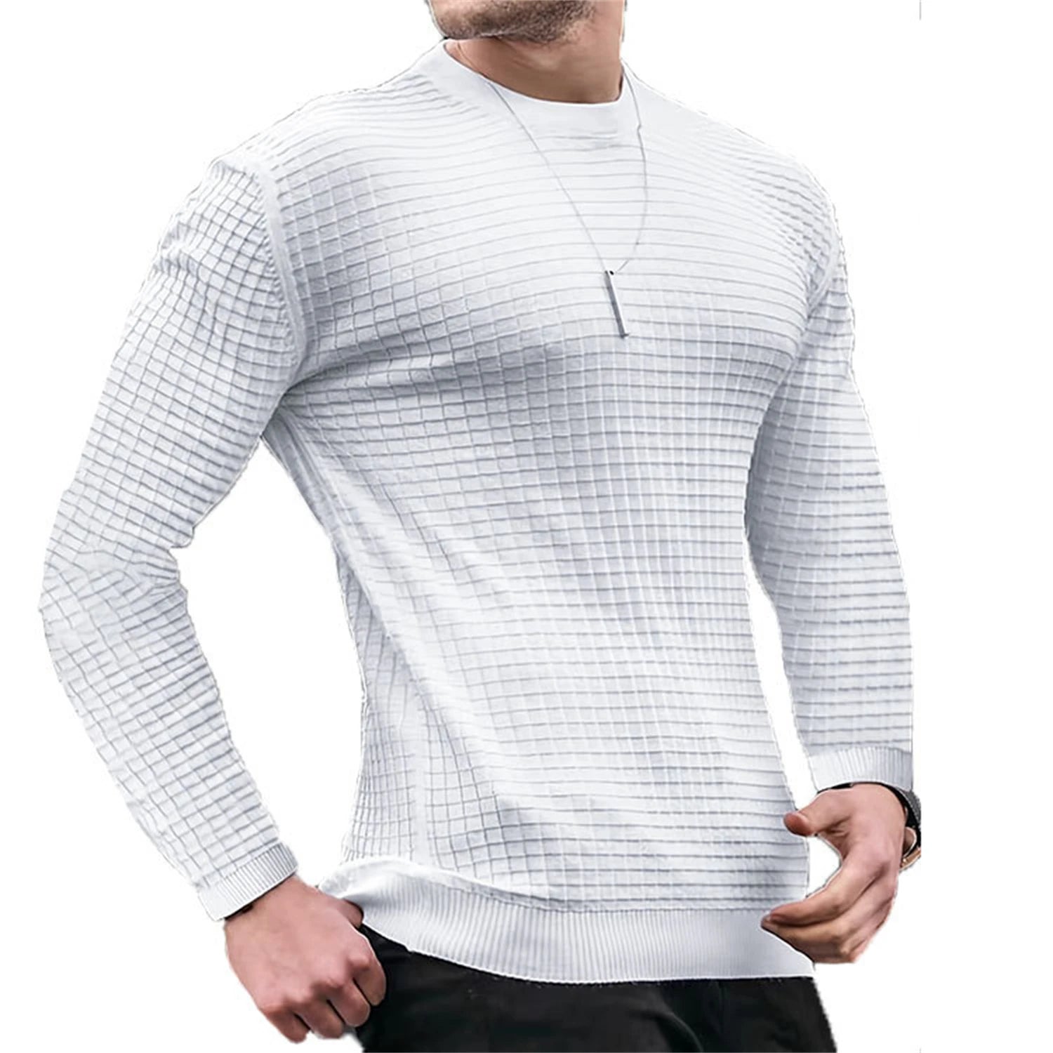 Men's fashion check hoodie with waffle knit and round neck, featuring small jacquard check pattern and casual youth style.