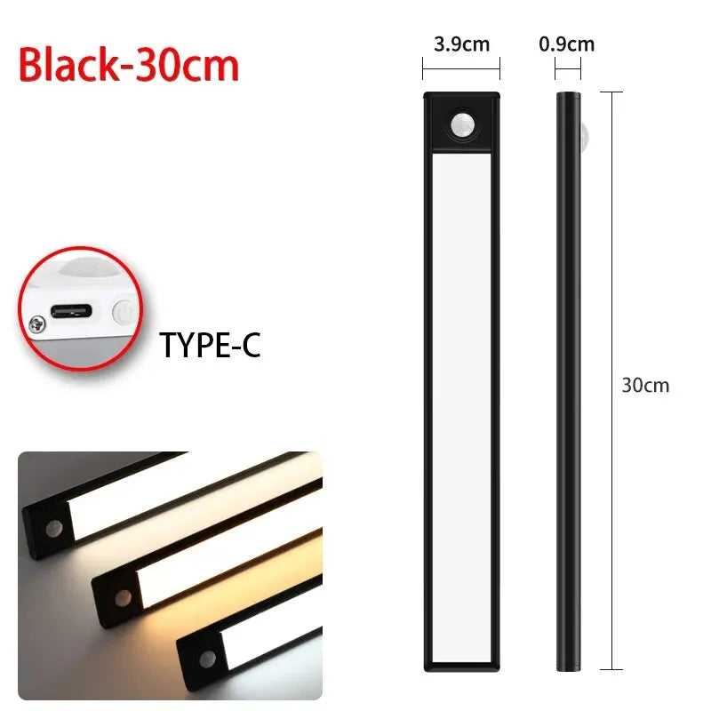 Pzsunly LED motion sensor cabinet light, 50cm USB rechargeable, shown mounted inside a kitchen cabinet with light on.