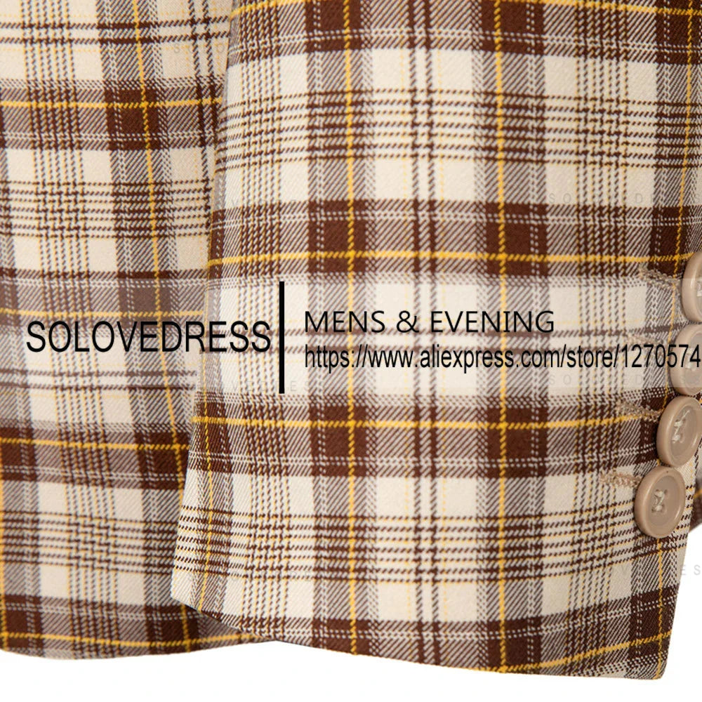 Men's 3-piece checkered slim fit wedding suit by Showlu Fashion, featuring blazer, vest, and pants in stylish pattern.