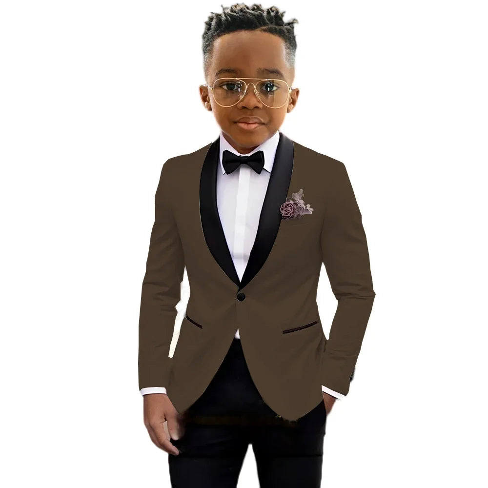 Boy's navy blazer and pant suit set by Showlu Fashion, formal tuxedo for children, ideal for wedding, birthday, or stage performance.