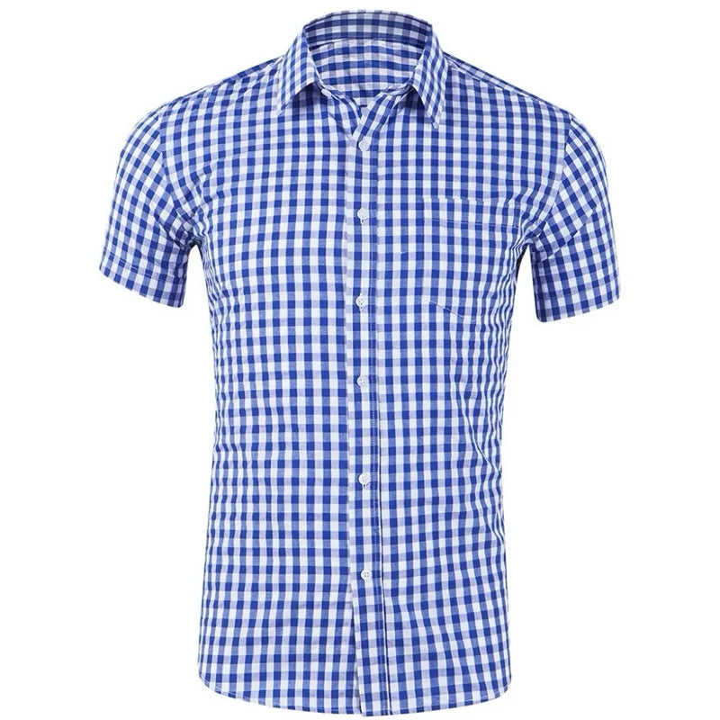Men's short-sleeved Hawaiian style plaid shirt in red and blue, breathable casual streetwear by Showlu Fashion Store.