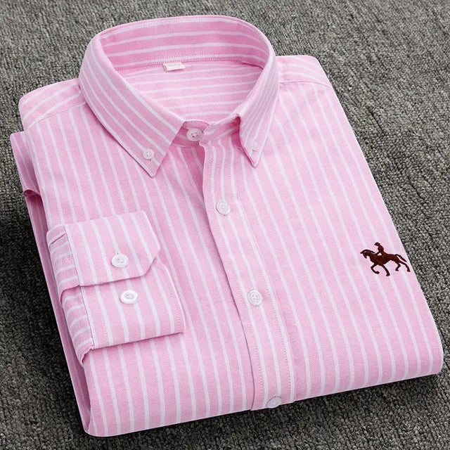 White men's casual cotton Oxford shirt with long sleeves and embroidered horse design, regular fit fashion button-up dress shirt