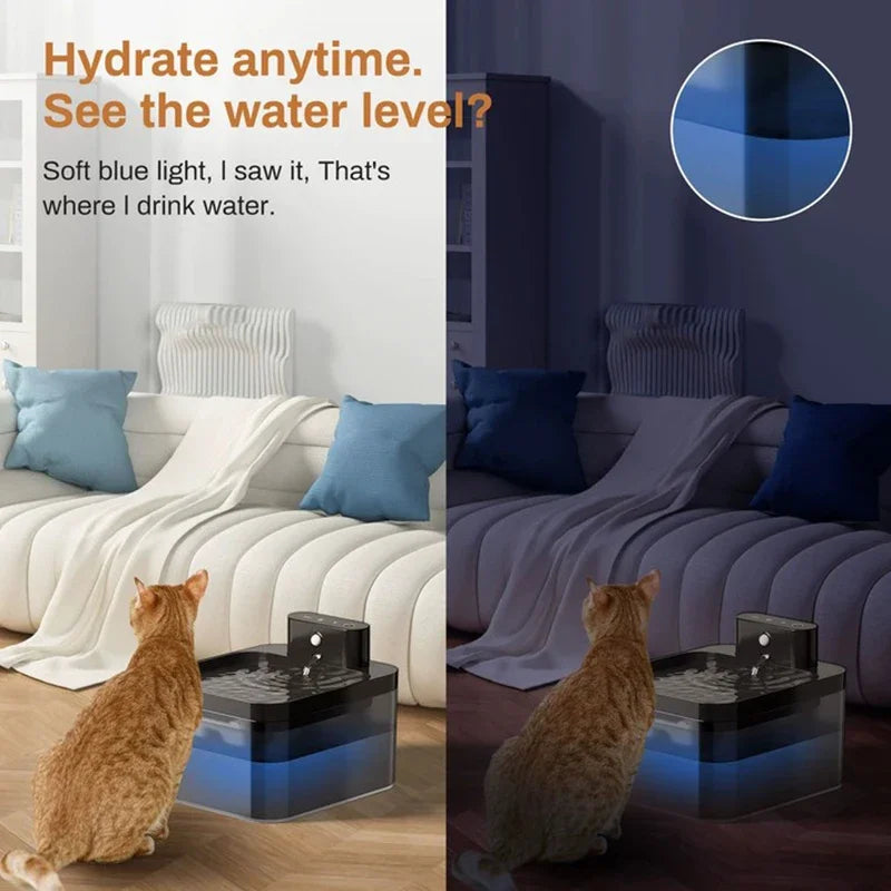 Wireless Smart Cat Water Fountain by Showlu Smart General, 2.2L capacity with sensor, featuring a sleek design and flowing water for pets.