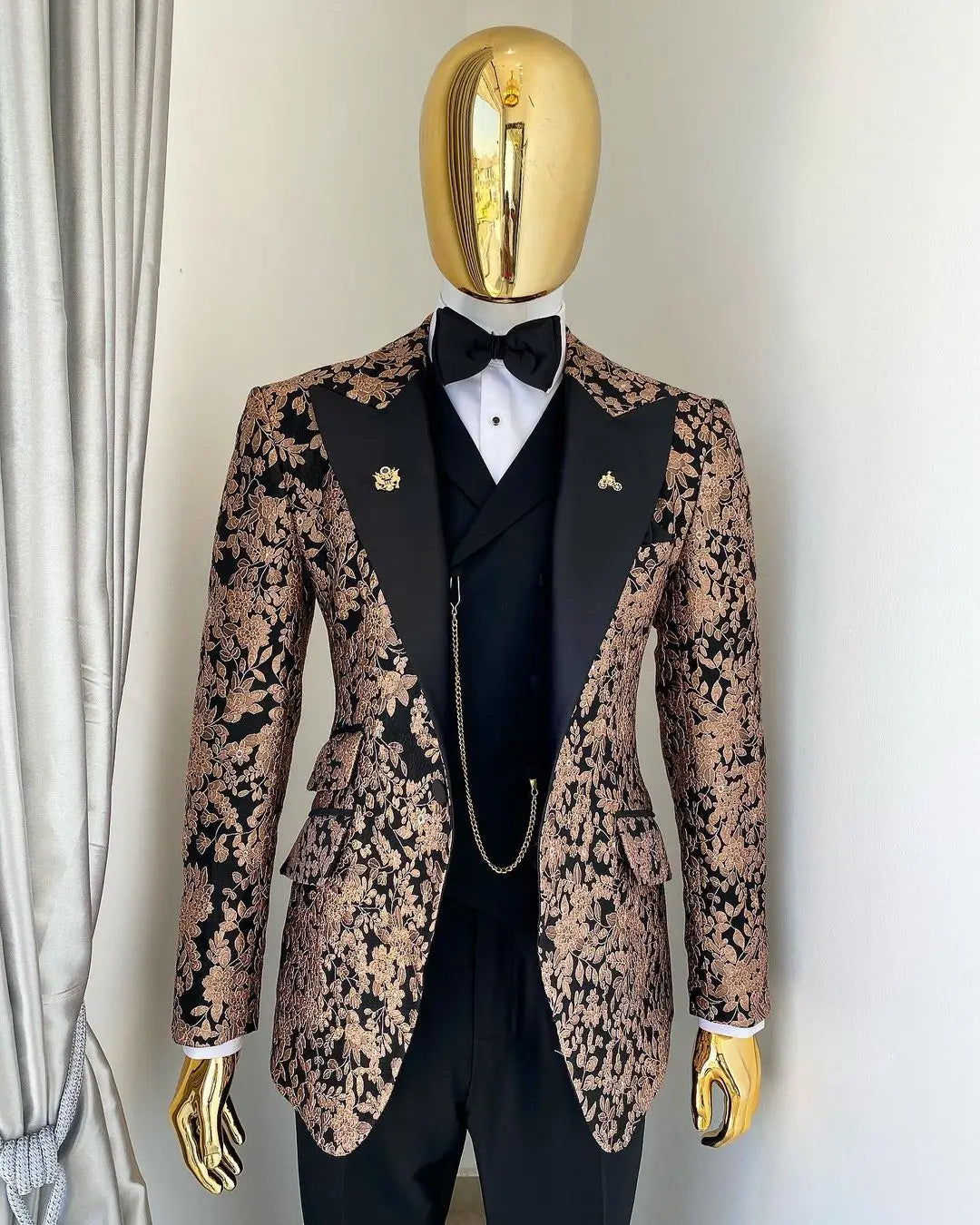 Floral Jacquard Men's Suit For Wedding Groom Tuxedo Stand Collar Formal Party Male Dress Blazer Pants Vest 3 Piece Costume Homme SHOWLU FASHION STORE