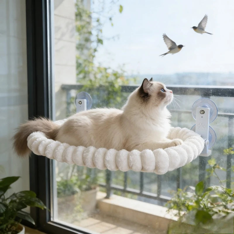 Foldable plush velvet cat window hammock by Showlu Fashion, featuring a soft, cozy bed perfect for lounging and relaxing by the window.