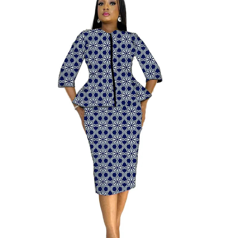 African print women's party outfit featuring a tailor-made blouse and skirt set with vibrant traditional patterns.
