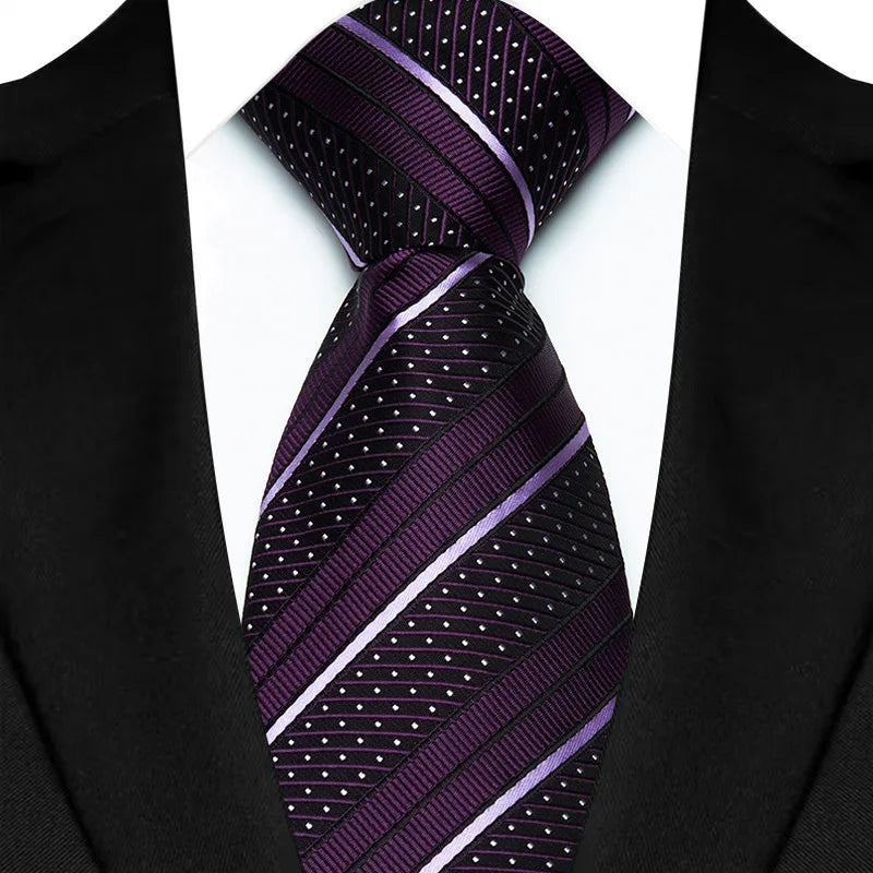 Luxury purple men's necktie with floral plaid jacquard weave, featuring stripes, suitable for business, wedding, or formal events.