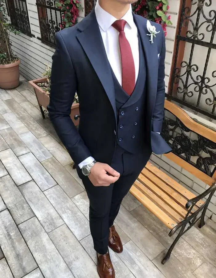 Men's olive green 3-piece slim fit formal wedding suit by SHOWLU FASHION STORE featuring tailored jacket, vest, and trousers.