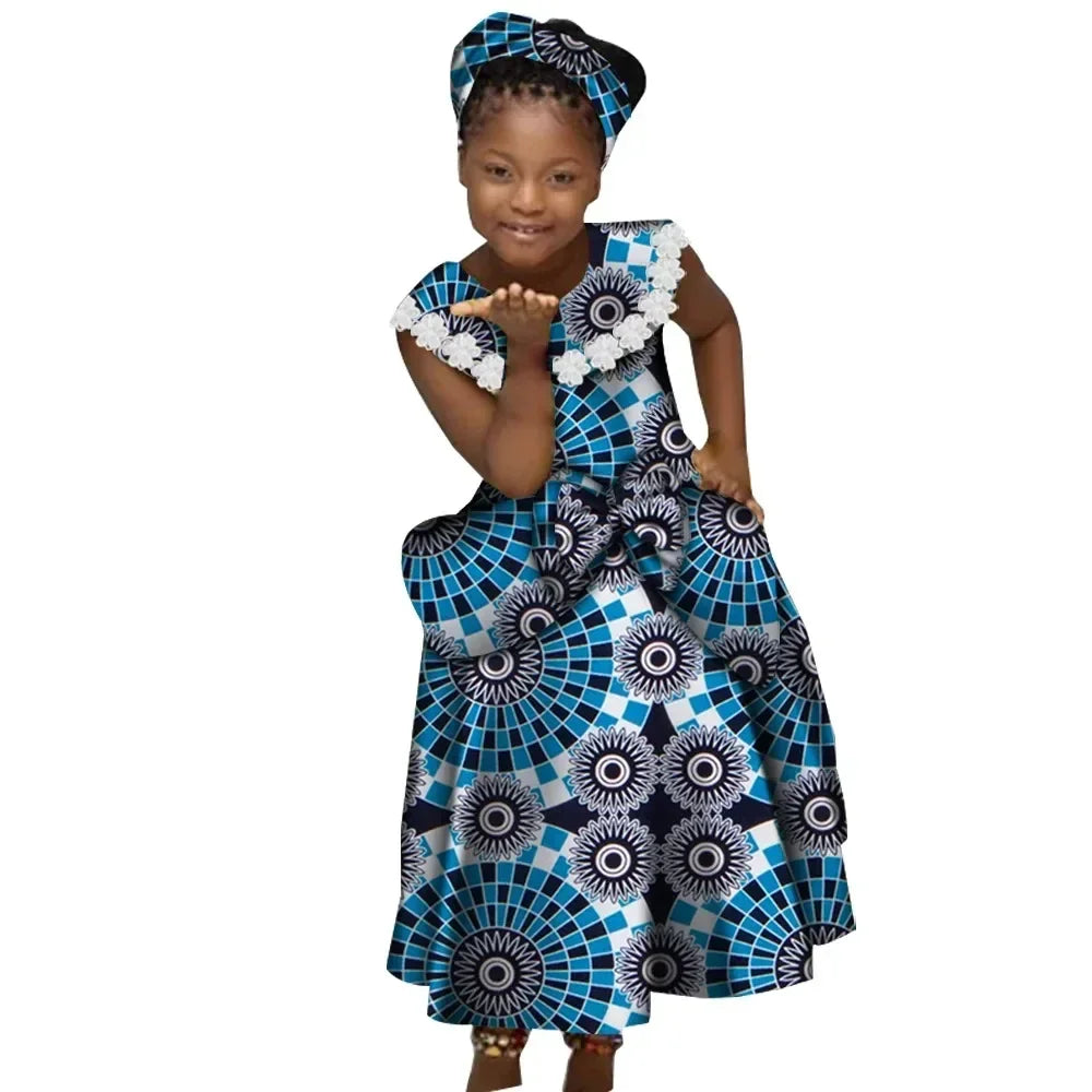 Girls' African Ankara print dress with cotton Kente pleated skirt, featuring vibrant colorful patterns and a stylish, comfortable fit.