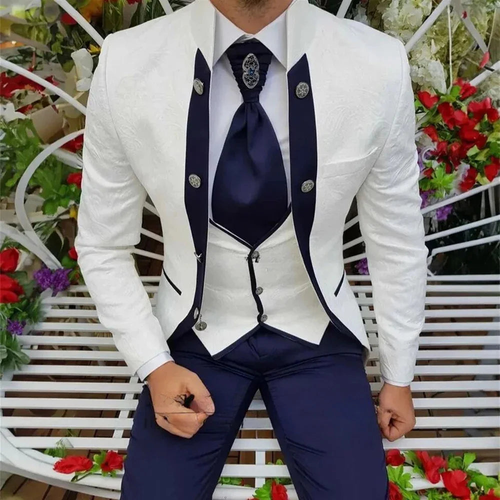 Royal blue Showlu men's 3-piece wool tuxedo suit with jacket, vest, and trousers, perfect for wedding grooms or formal occasions