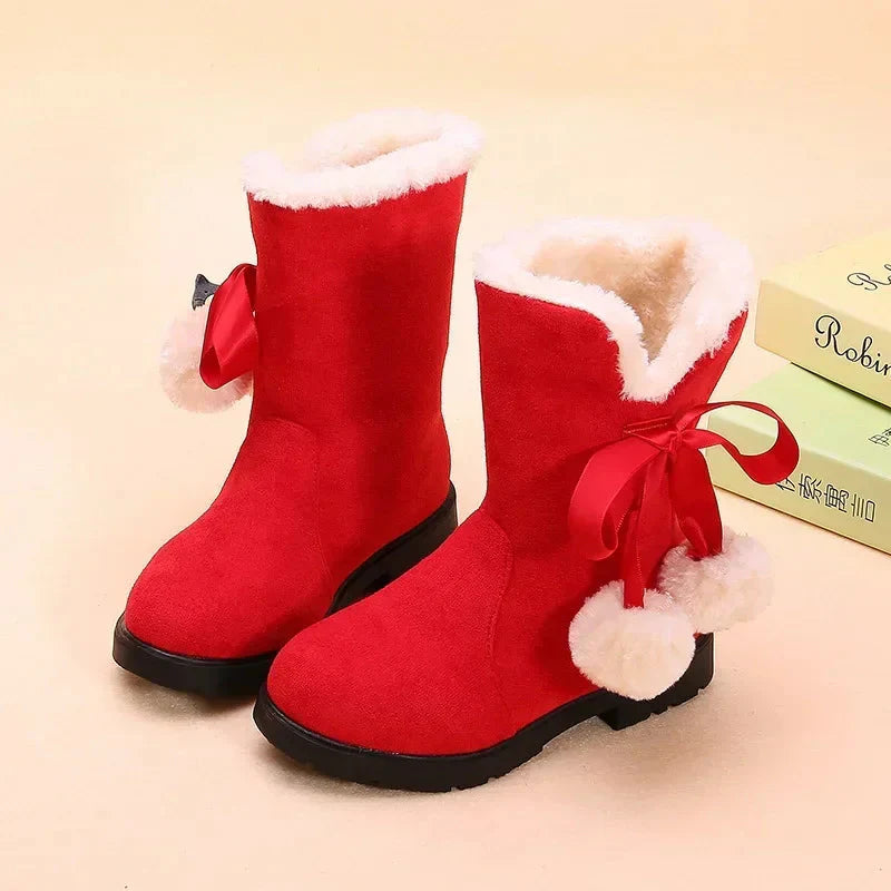 Girls' winter snow boots by SHOWLU FASHION STORE, suede mid-calf fur boots with bowtie for warmth and style.