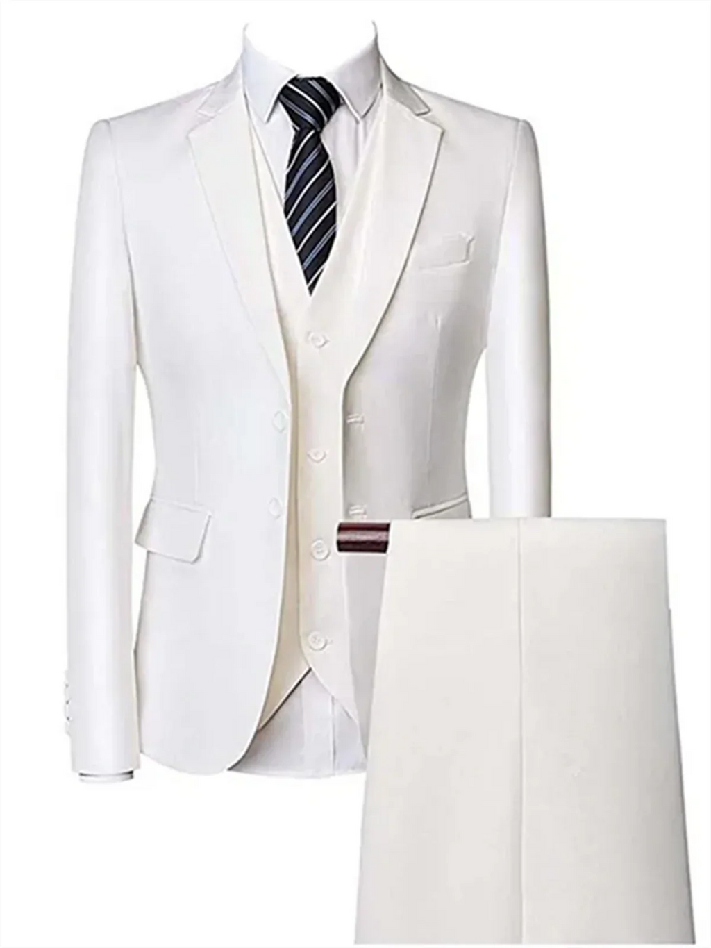 Showlu Fashion men's 3-piece slim fit suit in white cotton and wool, including jacket, vest, and trousers, on a mannequin.