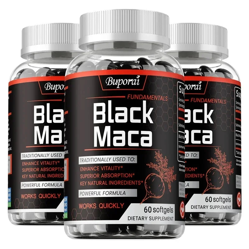 Black Maca supplement bottle from Showlu Fashion Store, showing the natural supplement for energy, endurance, and hormone balance.
