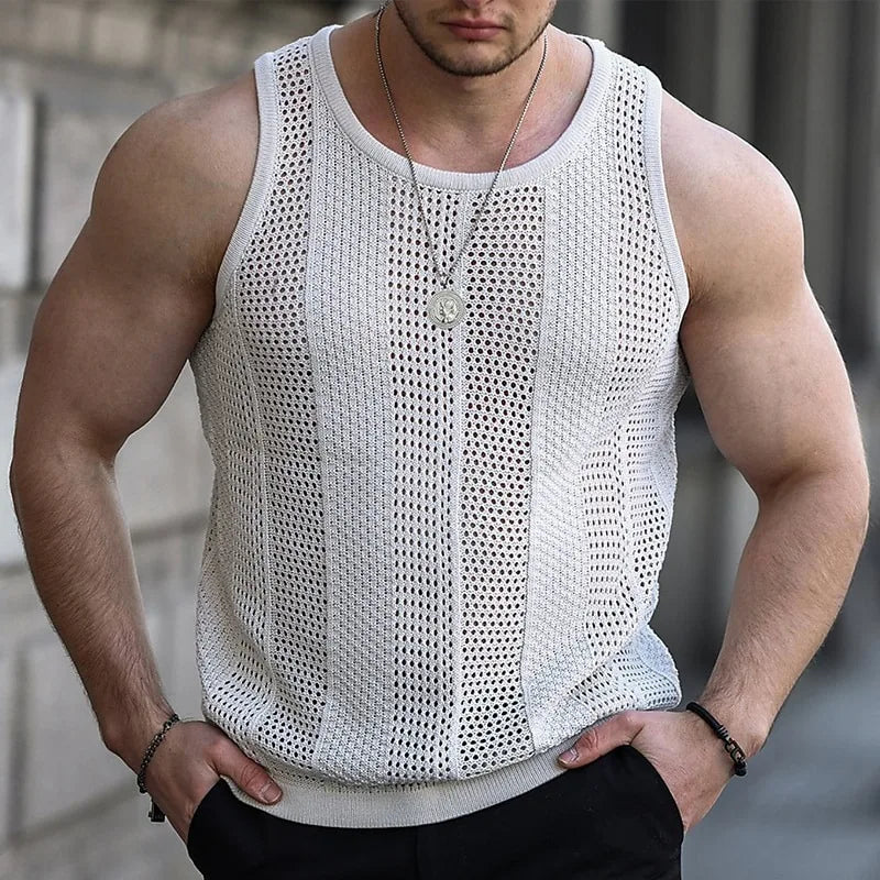 Slim knit men's tank top by SHOWLU FASHION STORE featuring a hollow sleeveless summer vest with a sleek, fitted design.