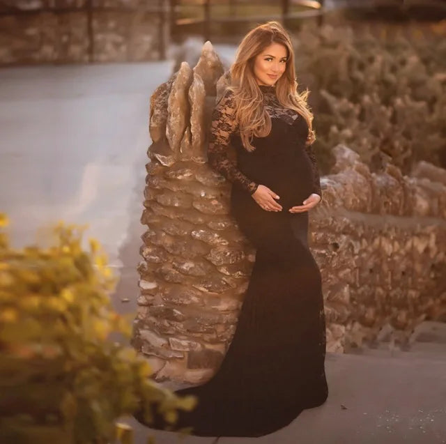 Showlu Lace Maternity Photography Dress featuring a boat neck, long train, and elegant lace design for maternity photoshoots.