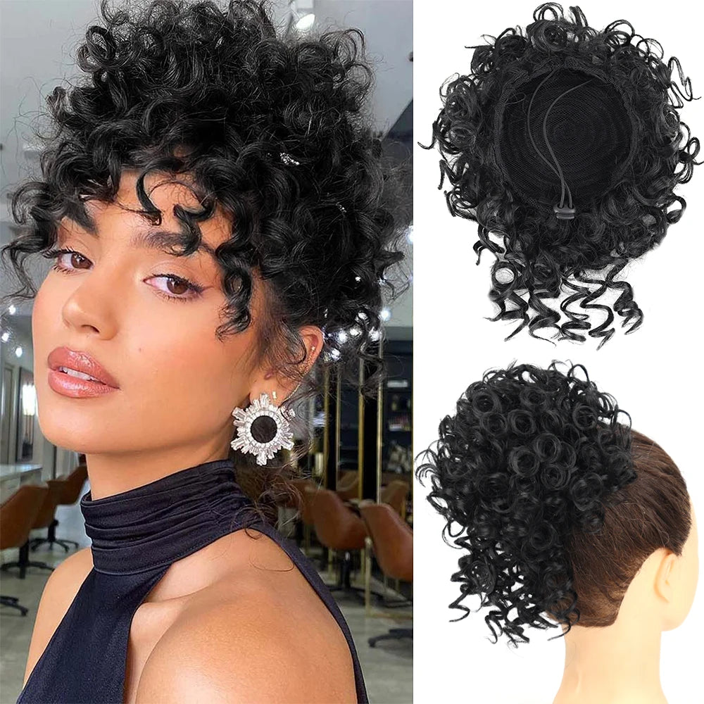Synthetic Messy Bun Hair Piece 60g Elastic Drawstring Loose Wave Curly Hair Buns Hair Piece Extensions For Women Dark Brown