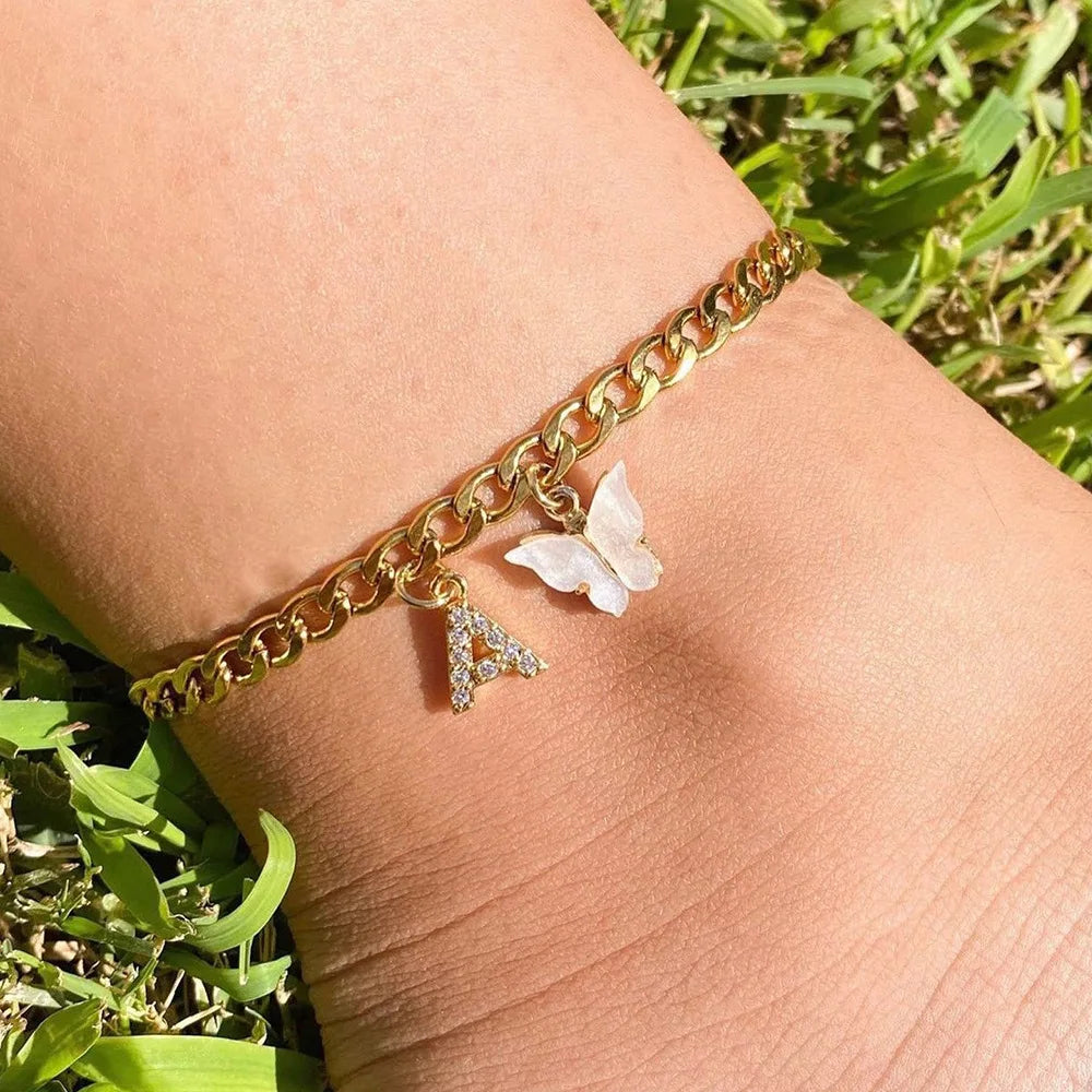 Stainless steel initial letter A-Z anklet for women with butterfly charm, waterproof jewelry, perfect for party or gift.