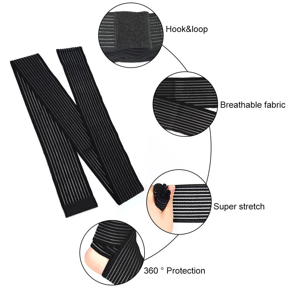 A black elastic compression bandage with hook and loop fasteners shown in various use cases.
