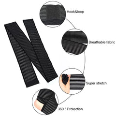 A black elastic compression bandage with hook and loop fasteners shown in various use cases.