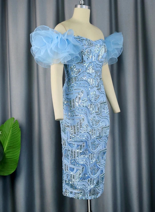 My Store Nittonic off-shoulder sequin evening gown with floral embroidery and midi length, elegant formal dress with intricate details