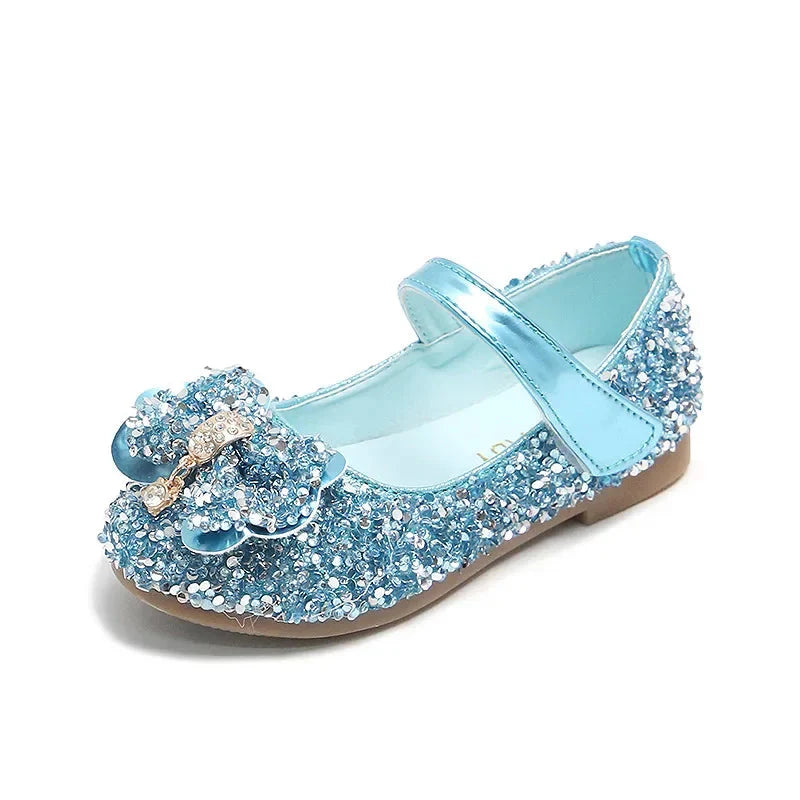 Showlu girls' sequin rhinestone princess flats made of PU leather, featuring sparkling embellishments and a comfortable kids' shoe design.