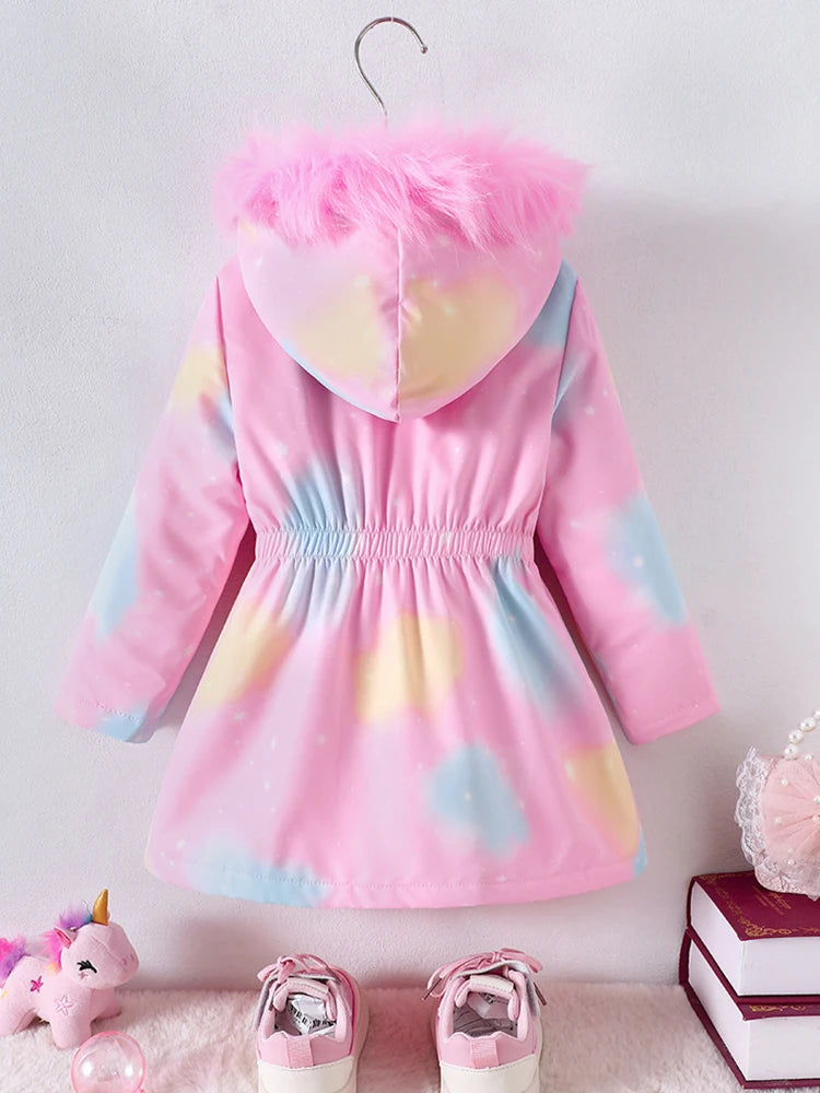 Pink unicorn winter coat for girls by Showlu Fashion, thick cotton padded jacket with cozy warmth and playful unicorn design.