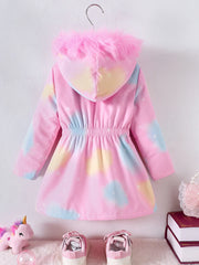 A pink hooded coat for girls featuring a pastel tie-dye pattern and faux fur trim.
